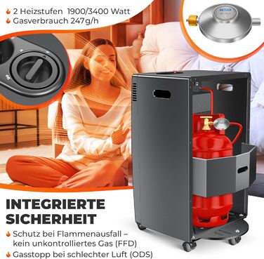 Газовий обігрівач KESSER®: газовий камін-обігрівач з інфрачервоним випромінюванням, 3.4 кВт, 2 режими, з регулятором тиску та шлангом, сумісний з бутаном/пропаном (до 11 кг), антрацит
