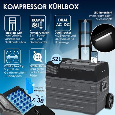 Холодильник-морозильник KESSER® Kompressor 52 л, з керуванням через APP, USB, 12/24/230V, -20°C, для авто/човнів, з телескопічною стійкою та коліщатами