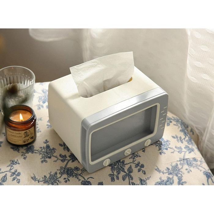 Коробка для серветок ZONSUSE, багатофункціональна коробка для зберігання, тримач у формі телевізора з тримачем для мобільного телефону для дому, офісу, робочого столу, вітальні, ванної кімнати, кухні (сірий/білий)