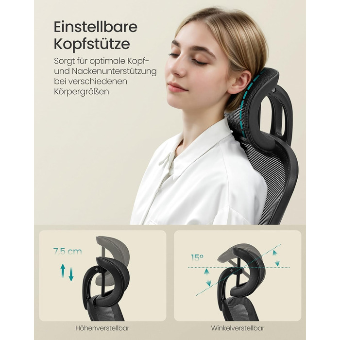 Офісний стіл SONGMICS з ергономічним дизайном, поворотне крісло з сітчастою спинкою, підтримка попереку, функція гойдання, сидіння 53 см, відкидні підлокітники, для роботи та спальні, студентів, OBN037R01 (без підголівника)