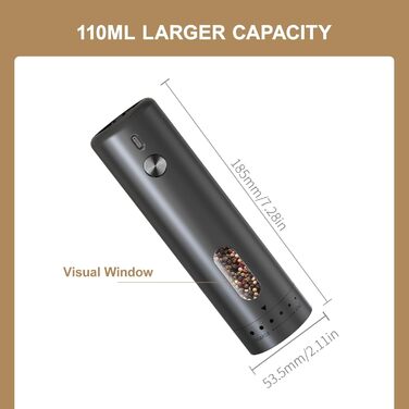 Електричний набір для солі та перцю з зарядною станцією, об'єм 110 мл, перезаряджувана соляна млинка з 5 рівнями, керамічна млинка з щіткою (1 шт, чорний)