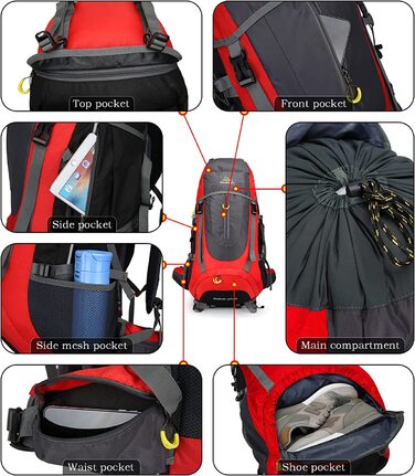 Похідний рюкзак Doshwin об'ємом 70 л, похідний рюкзак, дорожній рюкзак, похідний рюкзак, великий рюкзак для жінок і чоловіків (червоний)