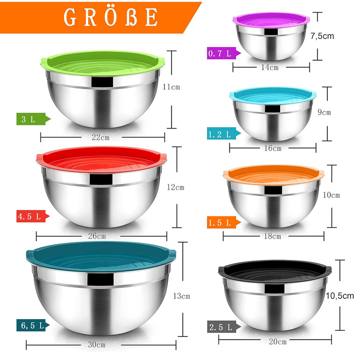 Набір мисок Homikit з нержавіючої сталі, 7 шт. з кришкою, для приготування, випічки та сервірування