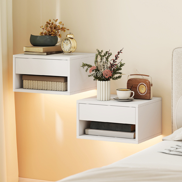 Набір з двох приліжних тумбочок з RGB-підсвіткою, приліжкові тумбочки з плавною конструкцією з висувним ящиком та відкритою полицею, білий