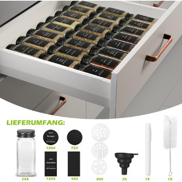 Набір скляних банок для спецій 30 шт. з дозатором, 120 мл, чорний колір, вологостійкі етикетки, органайзер для спецій