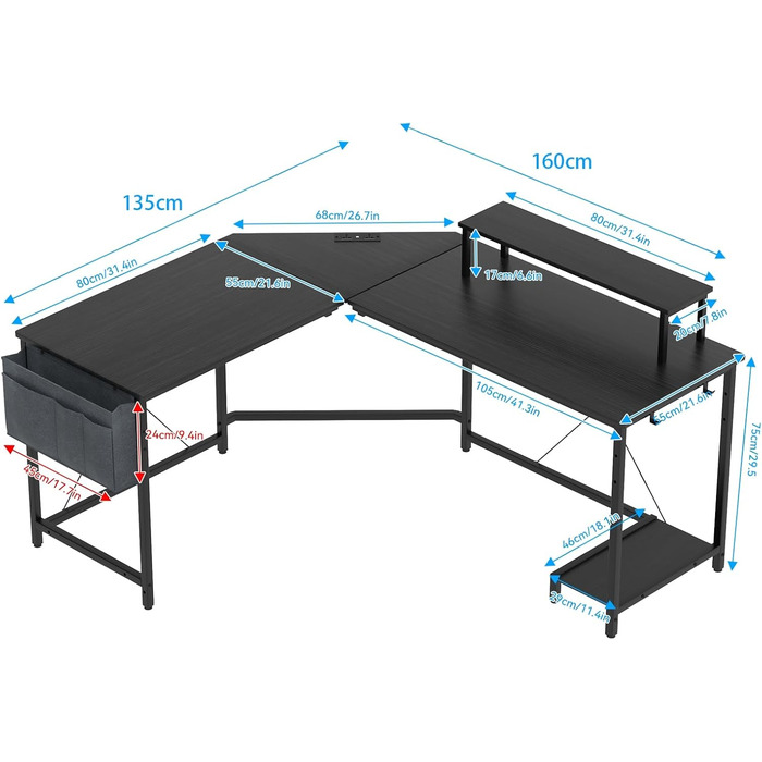 Ігровий стіл HaodaCulture 160x135 см з підставкою для монітора, 2 розетки та 2 USB-порт, кутовий, для комп'ютера, великий, 160 x 135 x 75 см