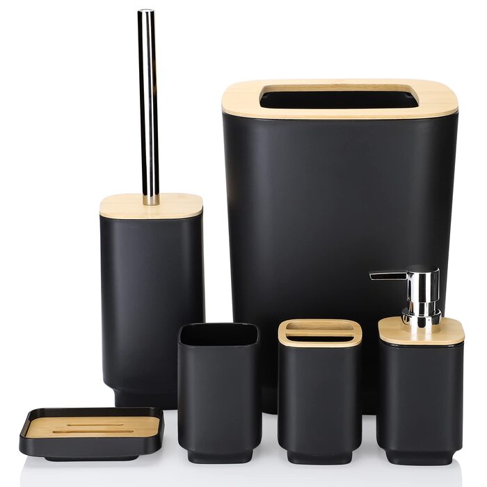 Набір аксесуарів для ванної кімнати JOTOM 6 шт. з бамбука, чорний: мильниця, дозатор мила, тримач для зубних щіток, стакан, сміттєве відро