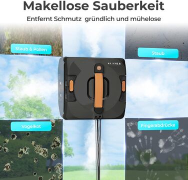 Робот-прибиральник вікон KLAMER 3500 Pa – автоматичний мийник вікон з резервуаром для води 100 мл, функція вологого прибирання, розпізнавання країв, тиха робота 60 дБ, захист від падіння та інтелектуальне планування маршруту (Чорний)