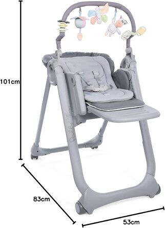 Високий стільчик Chicco Polly Magic Relax з іграшковим столом та зменшувачем для новонароджених, 8 положень по висоті, 4 колеса, Made in Italy, графітовий колір