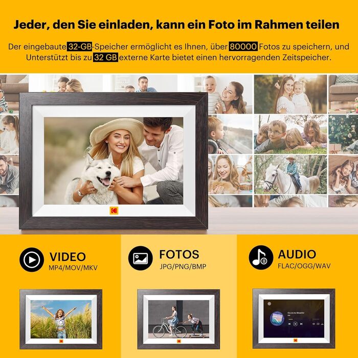 Цифровий фоторамка KODAK WiFi з сенсорним екраном IPS HD 10.1 дюйма, 32GB, автоматичне обертання, Wi-Fi, для стін, ділитися фотографіями звідусіль, темно-коричневий (білий каркас)