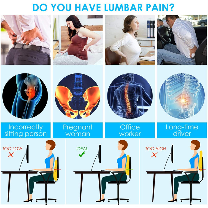 Подушка для попереку Niceeday для офісного крісла/автомобіля, з memory foam, ортопедична підтримка попереку 3D-сіткою, чорна