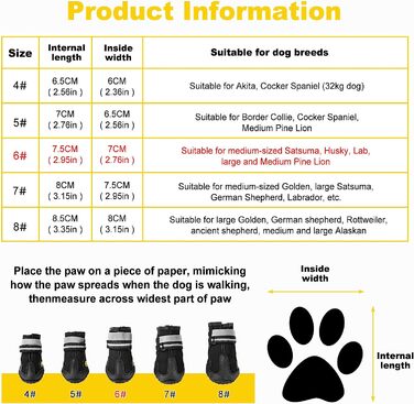 Взуття для собак Faankiton з 4 предметів захист лап, водонепроникне взуття для собак з нековзною підошвою і світловідбиваючим ремінцем для собак середнього і великого розміру (6 (Д * Ш) 7,5 см (2,95 дюйма)*7,0 см (2,76 дюйма))