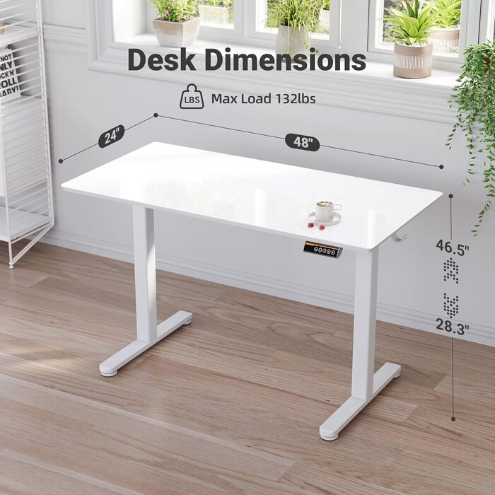 Регульований стіл Claiks з склоповерхнею 120x60 см, електричний, для дому та офісу, комп'ютерний, сучасний, білий