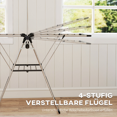 Сушилка для білизни складна, підлогова з регульованими крилами, тримачами для взуття, нержавіюча сталь, 156,5 x 68 x 192 см, срібляста