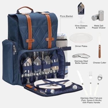 Набір для пікніка на 4 особи з великою ізольованою сумкою-холодильником, набір для пікніка з мішком для вина, водонепроникний плед та набір столових приборів. Ідеально для кемпінгу, подарунок на весілля, блакитний колір