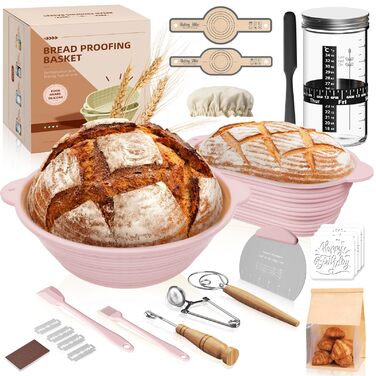 Набір для закваски з силікону MQFORU: 30 шт. Гірчаки (28 см круглі, 29 см овальні), скляна тара 730 мл, щітка, скребок. Для випікання хліба (рожевий)