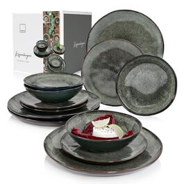 Набір посуду SÄNGER Копенгаген 12 предметів, керамічний, на 4 особи: обідні, сніданкові та глибокі тарілки, зелено-сірий, для посудомийної машини | PREMIUM COLLECTION