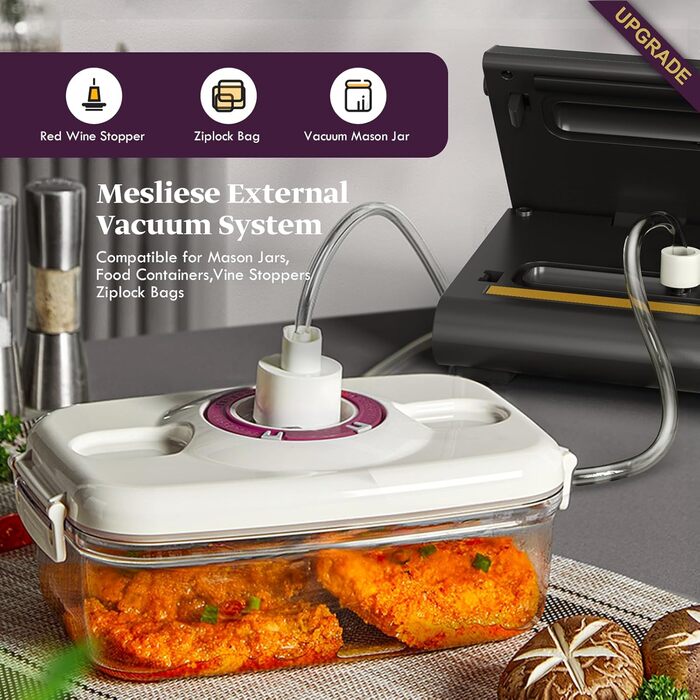 Вакууматор для продуктів Mesliese 6-в-1, потужність 90 кПа, компактний вакуумний пакувальник з різаком, режимами для сухих та вологих продуктів, набором пакетів (Темно-сірий)