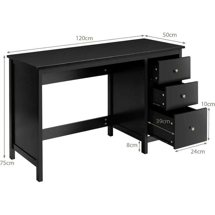 LIFEZEAL Стол письмовий з 3 шухлядами, комп'ютерний стіл 120x50 см, білий/чорний для офісу/кабінету