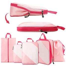 Набір компресійних органайзерів для подорожей AiQInu (5 шт.), ультралегкі сумки для пакування одягу в валізу з мішком для взуття та прання, рожеві