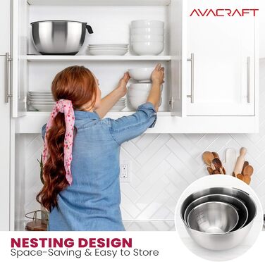 Набір місок для змішування AVACRAFT з нержавіючої сталі 18/10 з кришкою, силіконове дно, зручний виливання та мірні позначки, чорний колір