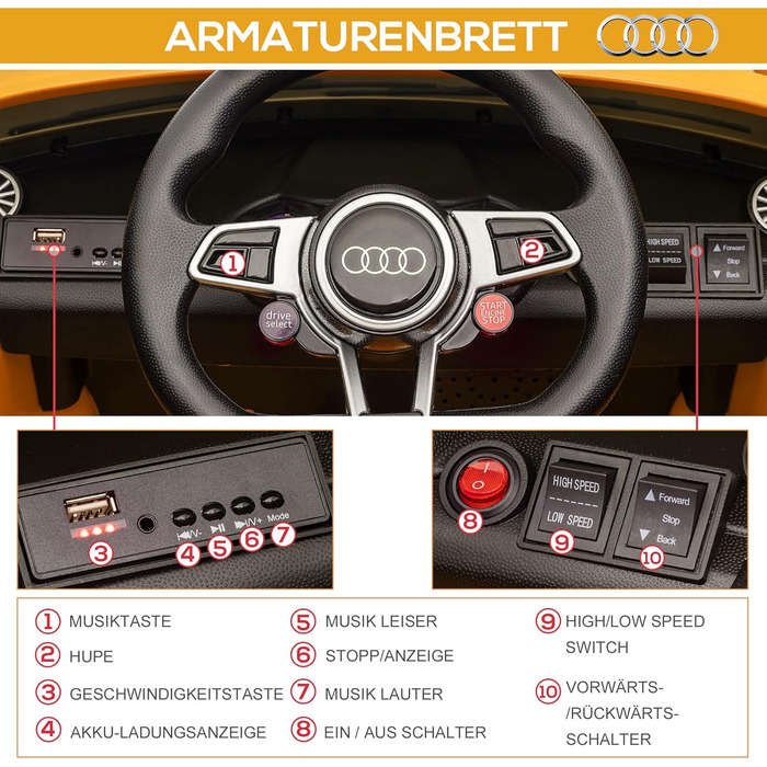 Дитячий електромобіль HOMCOM 12V з пультом, музикою, LED, USB/MP3, для дітей 3-5 років, жовтий