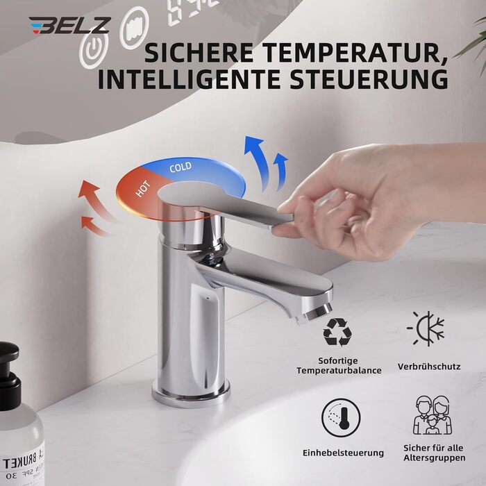 Змішувач для ванної кімнати BELZ, одноручний, для умивальника, хром, водозберігаючий, енергозберігаючий, висота виливу 78 мм