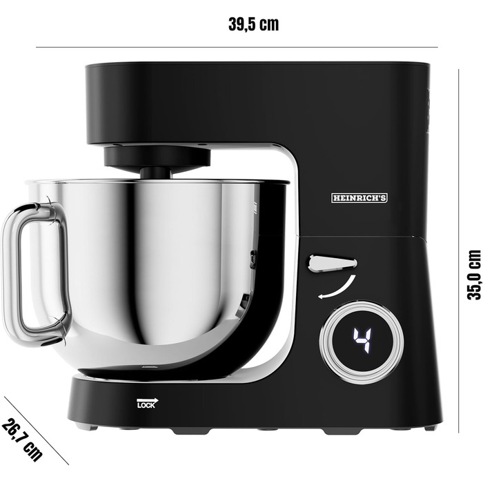 Кухонна машина Heinrichs 2500W з подвійним гаком для тіста, міксером та вінчиком, 8 швидкостей, чаша 8л з нержавіючої сталі, чорна