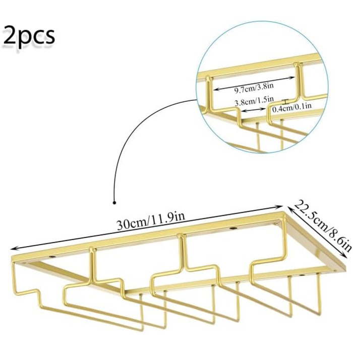 Тримач для келихів вина GBCHOOSE (2 шт.), золото, під шафу, для барів та кухні