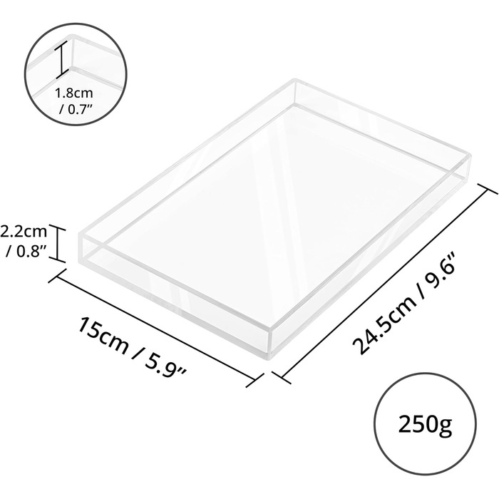 Акриловий піднос Winter Shore - Прямокутний - 24,5x15x2,2 см - Прозорий - Для туалетного столика, журнального столика, стійки - Ванна кімната, кухня, офіс
