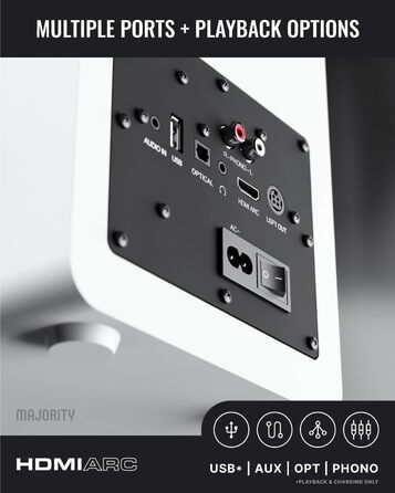 Активні Bluetooth-колонки Majority D100X 100W, вуглецеві драйвери, HDMI ARC, RCA, Optical, Phono, AUX, білі