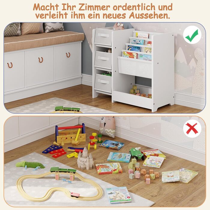 Поличка для дитячої кімнати Lestarain, органайзер для іграшок, 65x60x30 см, з 3 ящиками та 4 кишеньками, з масиву дерева МДФ, біла