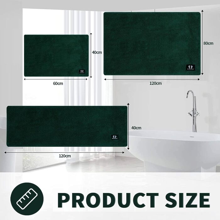 Килимок для ванної кімнати з антиковзаючим покриттям 120x80 см, мікрофібра, зелений, сертифікат Öko-Tex 100