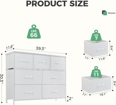 Комод DUMOS з 7 шухлядами для тканини, високий органайзер для одягу, металевий каркас, білий