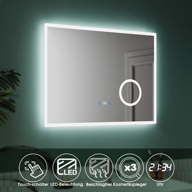 Дзеркало для ванної кімнати Badspiegel 80x60 см з підсвічуванням та антизапотіваючим покриттям LED, 3 колірні температури, IP44, для стін (Тип A)