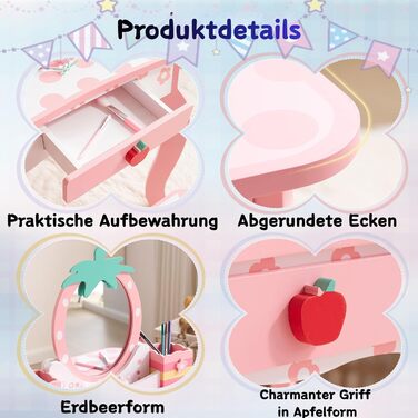 Дитячий туалетний столик LEADZM з пуфом для дівчаток, з шухлядою та двома 180° відкидними дзеркалами, для дітей 3-9 років (білий та рожевий)