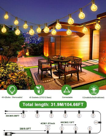 LED гірлянда для зовнішнього використання, з таймером, 30+1 G40 лампочки, димування, IP44, вологостійка, для декору саду, балкону, внутрішнього та зовнішнього використання (31.9м)