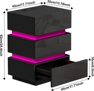 Тумбочка Lvhecforhm чорна з USB, LED, 3 ящики, високий глянець для спальні