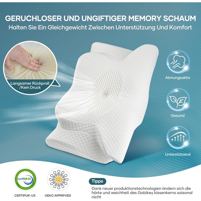 Ортопедична подушка для шиї Gobikey з memory foam, 62 x 40 см. Підходить для сну на боці, спині та животі. Білий колір.