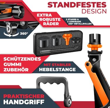 Гідравлічний домкрат MASKO 3T з низьким профілем 85-460мм, 3 гумові накладки, для автомобілів SUV, 360° колеса, рукавички в комплекті, підставка для ремонту (до 2.5 тонн, помаранчевий)