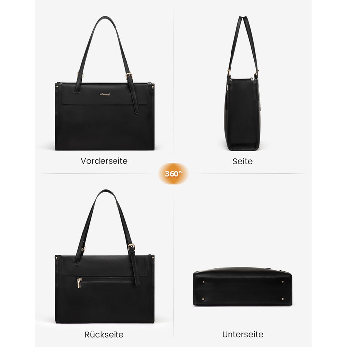 LOVEVOOK Сумка для ноутбука 15.6 дюймів, жіноча, велика, водонепроникна, сумка-шоппер, ділова, з PU шкіри, для офісу, навчання, чорна