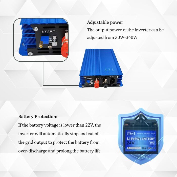 Вт підключений до сонячної мережі інвертор DC24V-45V, MPPT чиста синусоїда AC230V вихід, мережевий інвертор для сонячних панелей, розряд батареї 24 В, регульована вихідна потужність 30 Вт-340 Вт для сонячної панелі 24 В 36 В, акумулятор 24 В, 500