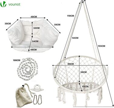 Підвісне крісло-гойдалка VOUNOT з полицею для книг та подушкою, Ø 80 см, бежеве, X-Large, для дому та саду