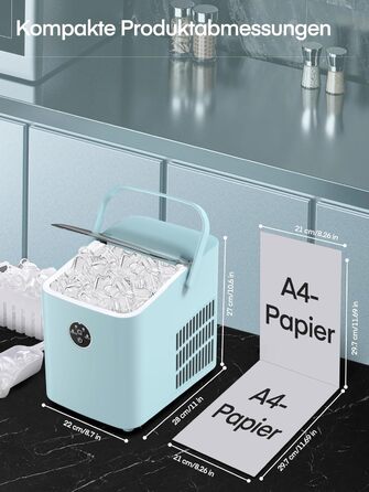 Льодогенератор FOHERE 14 кг/24 год, швидке виробництво льоду (5 хв), 2 розміри кулеподібного льоду, самоочищення, з ручкою, лопаткою та кошиком, для дому, офісу, вечірок (BabyBlue)