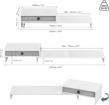 Подвійна підставка для монітора з фенге з шухлядою, регулюється по довжині та куту, 78,3-113x23,5x7,3 см, біла