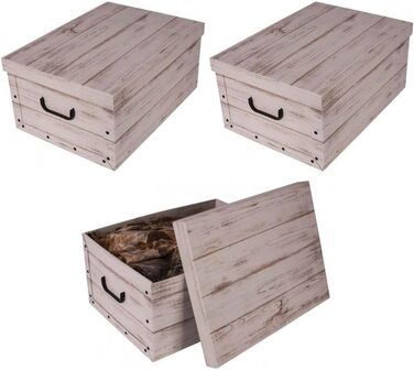 Декоративні коробки Kreher 3 шт. и XL 45 літрів, коробки для замовлення, штабельні коробки з кришками та ручками, 51 x 37 x 24 см (біле дерево)