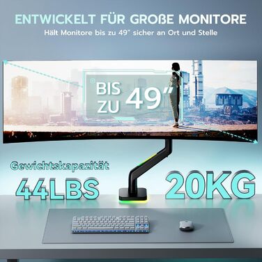 Кріплення для монітора ARES WING Ergonomic RGB, 17-49 дюймів, регульоване по висоті, поворотне, нахилене, RGB LED (білий/чорний)