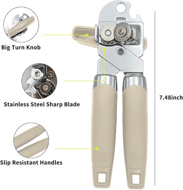 Ручний відкривач консерв з нержавіючої сталі, міцний, з комфортною ручкою та функцією відкривання пляшок, Бежевий