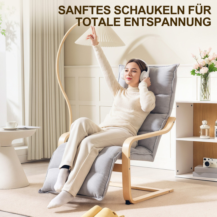 Крісло-релакс з берези, м'яке крісло з регульованою підніжкою, сучасне крісло з підлокітниками, світло-сіре