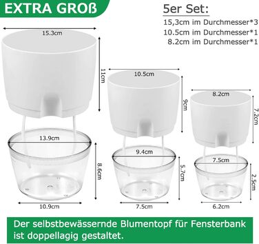 Набір горщиків для трав на кухню, самополивний набір 3 шт. для вирощування свіжих кухонних трав, 18.2x11x15.3 см, білий (5 шт.)